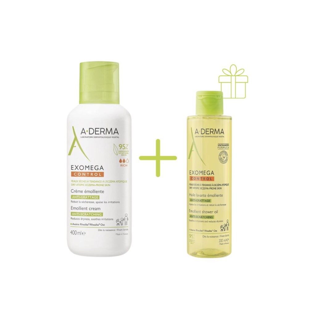 A Derma Exomega Control emolijentna krema 400 ml + emolijentno ulje za tuširanje 200 ml POKLON PAKET