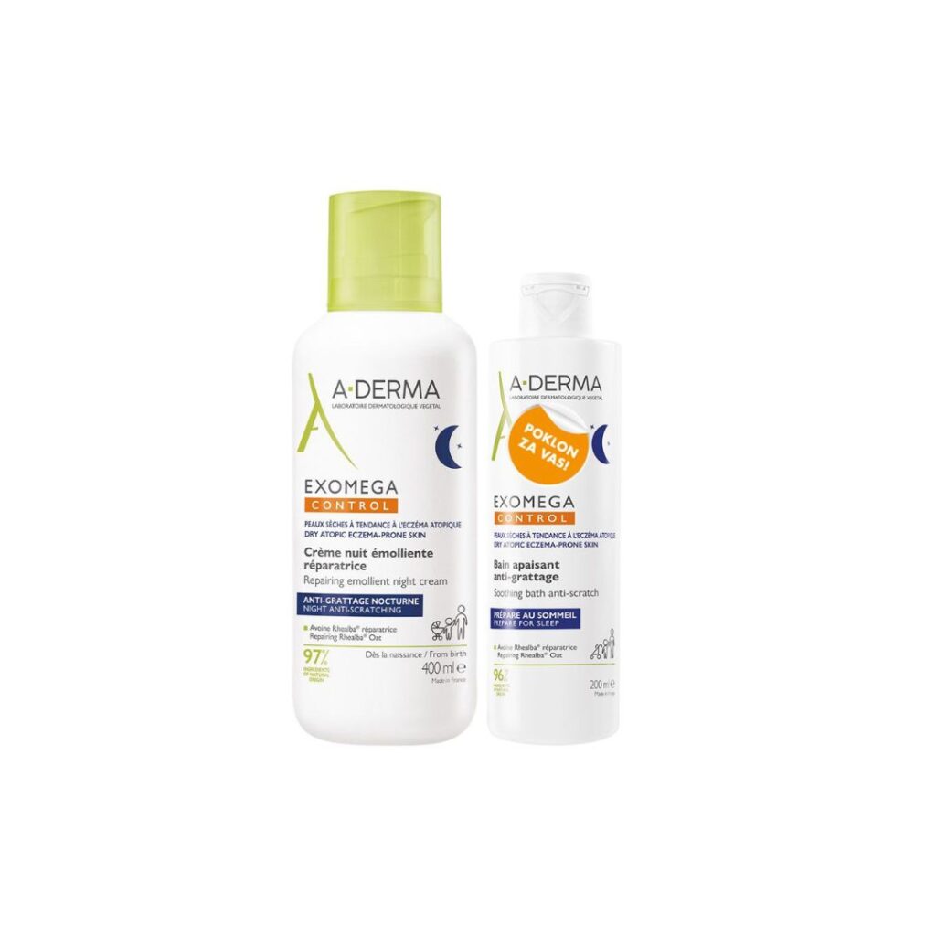 Aderma Exomega Control Obnavljajuća emolijentna noćna krema 400 ml + Umirujuća kupka protiv grebanja 200 ml POKLON PAKET