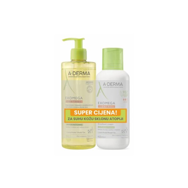 Aderma Exomega Control emolijentna krema 400 ml + emolijentno ulje za tuširanje 500 ml POKLON PAKET